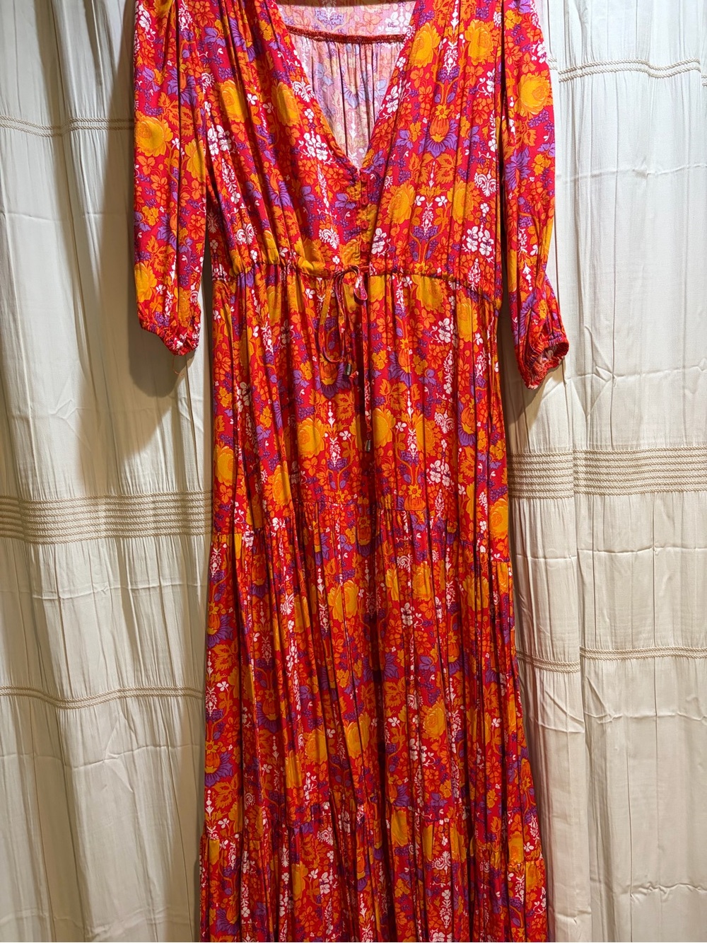 Women’s Floral V-Neck Maxi Dress in Red & Orange